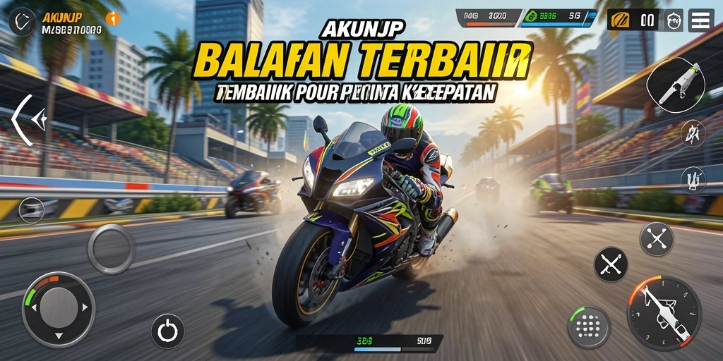 Tampilan gameplay seru di <strong>AKUNJP</strong> saat balapan motor.