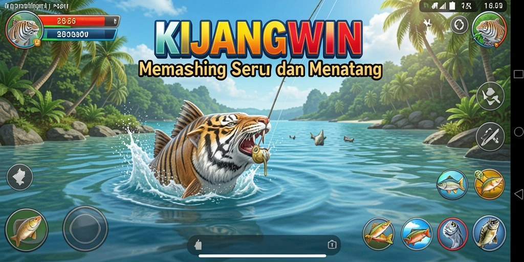 Screenshot gameplay KIJANGWIN menampilkan aktivitas memancing yang mendebarkan.