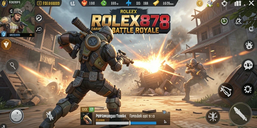 Tampilan gameplay menegangkan dalam ROLEX878 dengan aksi Battle Royale.