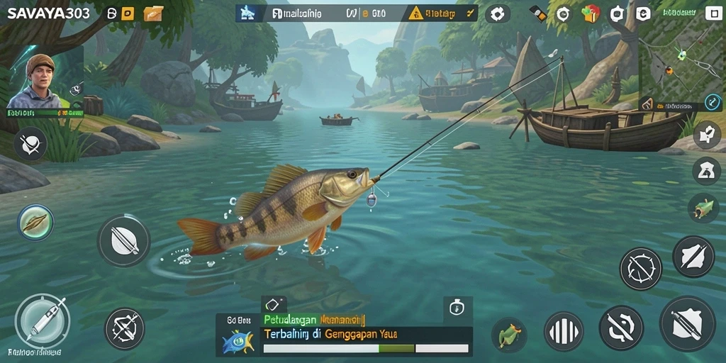 Screenshot gameplay SAVAYA303 menampilkan momen mendebarkan saat memancing ikan besar.