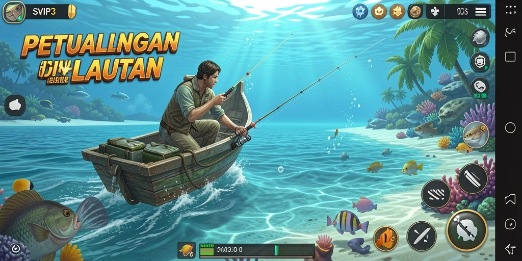 Tampilan gameplay penuh aksi dalam memancing di laut.