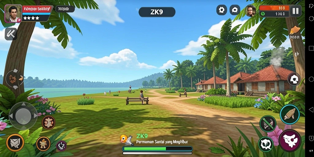 Screenshot ZK9 menampilkan gameplay yang ceria dan penuh warna.